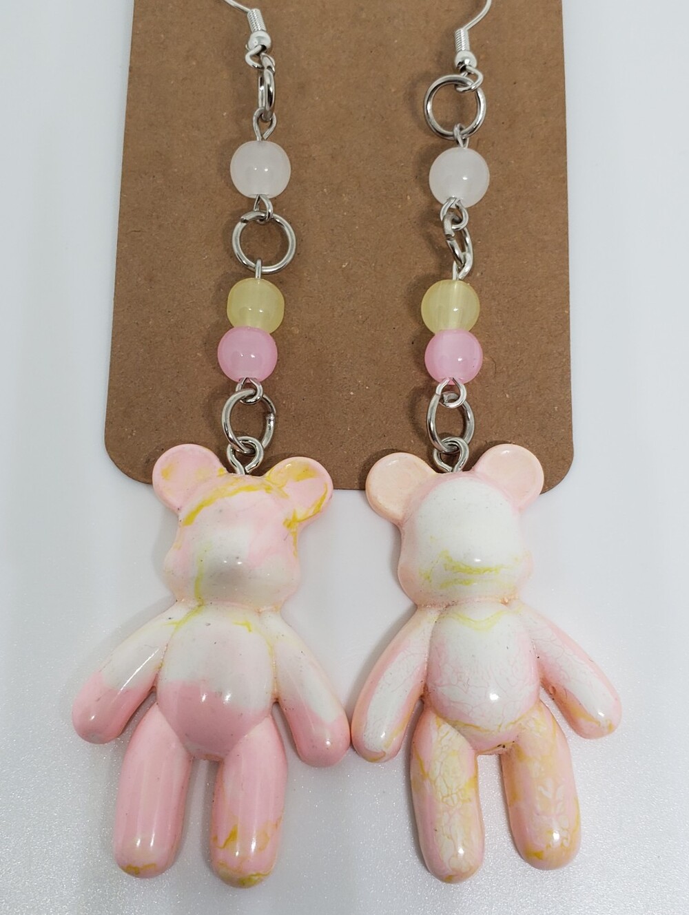 Handmade Beaded Glass Pink Yellow White Tie Dye Teddy Bear Earrings